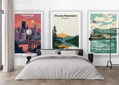 Pearl Harbor, Hawaii, Pittsburgh, Pennsylvania, Pocono Mountains, Pennsylvania - Vintage travel poster. Vector illustration. High quality prints Wall mural