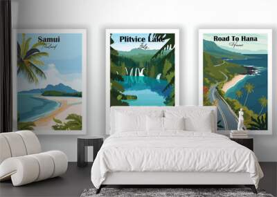 Plitvice Lake, Italy. Road To Hana, Hawaii. Samui, Thailand - Vintage travel poster. High quality prints. Wall mural