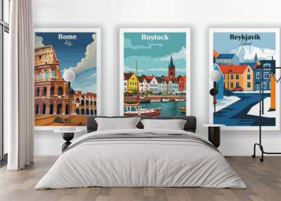 Reykjavik, Iceland. Rome, Italy. Rostock, Germany - Vintage travel poster. Vector illustration. High quality prints Wall mural