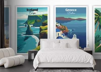 Set of 4 Vintage travel poster. Vector illustration. Greece, Greece, Athens, Iceland, Jamaica Wall mural