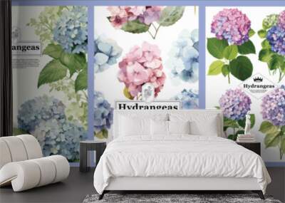 Set of Elegant Hydrangeas, Realistic Vector Illustrations of Flowers, Leaves, and Plants for Backgrounds, Patterns, and Wedding Invitations. Wall mural