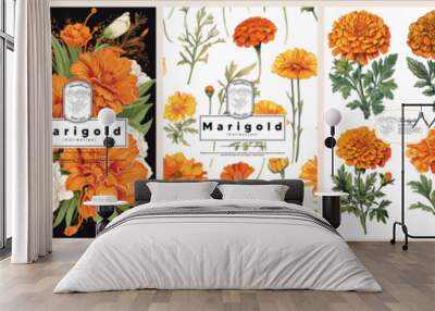 Set of Elegant Marigold, Realistic Vector Illustrations of Flowers, Leaves, and Plants for Backgrounds, Patterns, and Wedding Invitations. Wall mural