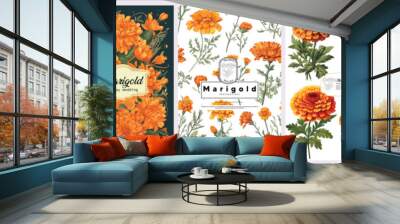 Set of Elegant Marigold, Realistic Vector Illustrations of Flowers, Leaves, and Plants for Backgrounds, Patterns, and Wedding Invitations. Wall mural