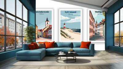 Stuttgart, Germany. Świętokrzyski, Poland. Sylt Island, Germany - Vintage travel poster. Vector illustration. High quality prints Wall mural