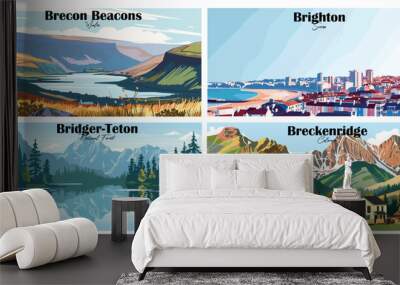 Travel landmarks tourism world famous, Vector illustration. Design for travel wallpaper, flyer or web banner design template. Panorama view. Copy space Wall mural