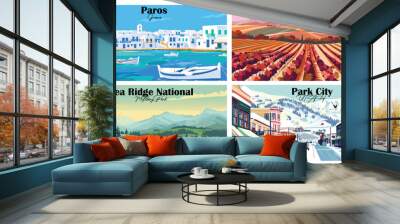 Travel landmarks tourism world famous, Vector illustration. Design for travel wallpaper, flyer or web banner design template. Panorama view. Copy space Wall mural