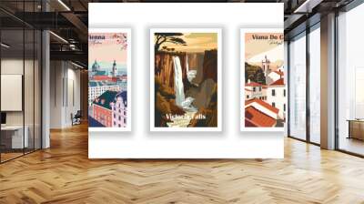 Viana Do Castelo, Portugal. Victoria Falls, Zambia. Vienna, Austria - Set of 3 Vintage Travel Posters. Vector illustration. High Quality Prints Wall mural