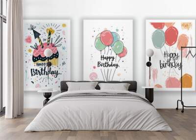 Whimsical Happy Birthday Card Collection, Hand-Drawn Flyers, Postcards, and Invitations Wall mural