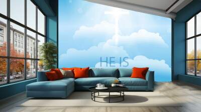 Easter Typographical Banner. He is Risen.Dove with christian cross.Resurrection. Blue background with bright rays and clouds Wall mural