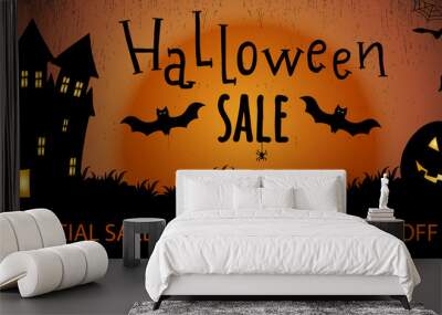 Halloween sale flyer. Halloween sale banner with pumpkin, bat, web, spider Wall mural