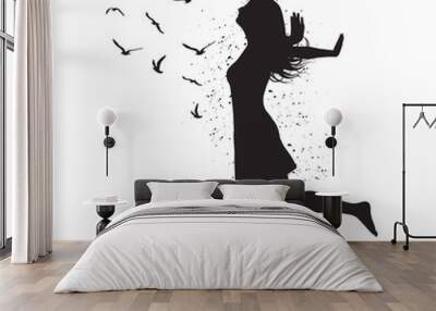 Silhouette of freedom girl with  birds. Vector fashion illustration Wall mural