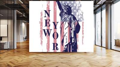 Vector Statue of Liberty on american flag background. New York symbol.American symbol of liberty. T shirt print Wall mural