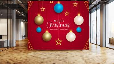 Merry christmas and happy new year realistic golden and sky blue balls golden stars with red background Wall mural