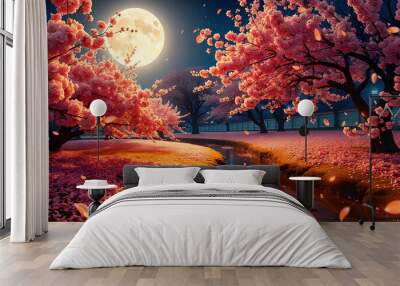 A serene cherry blossom park in full bloom with petals gently falling into a meandering stream Wall mural