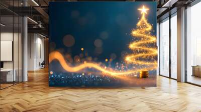 Golden Christmas Tree In Abstract Night Wall mural