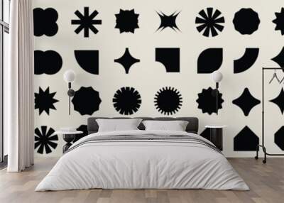 Brutalist abstract geometric shapes. Y2K Geometric design element shapes. Figures, stars, spiral flower and circles. Bauhaus memphis design geometric silhouette elements design. Wall mural