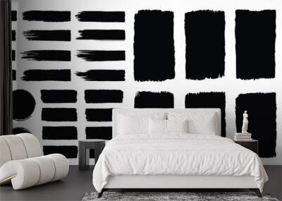 Set of black splashes, ink brush, brush strokes, brushes, circle, frames, box, grungy. Brush stroke paint boxes on white background Wall mural