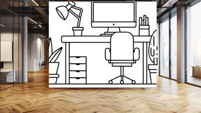 Black and White Illustration of a Home Office Desk Setup Wall mural