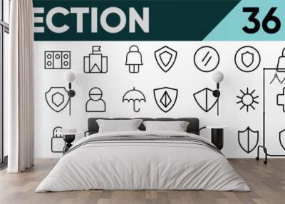 Set of 36 outline icons related to protection. Linear icon collection. Editable stroke. Vector illustration Wall mural