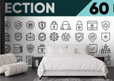 Set of 60 outline icons related to protection. Linear icon collection. Editable stroke. Vector illustration Wall mural