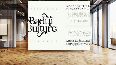 Baduiculture premium luxury elegant alphabet letters and numbers. Elegant wedding typography classic serif font decorative vintage retro. Creative vector illustration Wall mural