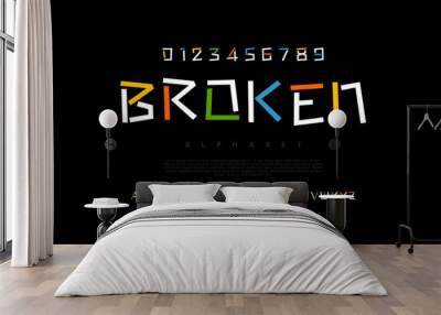 Broken creative modern geometric urban alphabet font. Digital abstract futuristic, game, techno, robot, music, logo, sport, minimal technology typography. Simple numeric vector illustration Wall mural