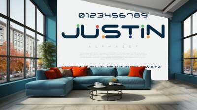 Justin creative modern geometric urban alphabet font. Digital abstract futuristic, game, techno, robot, music, logo, sport, minimal technology typography. Simple numeric vector illustration Wall mural