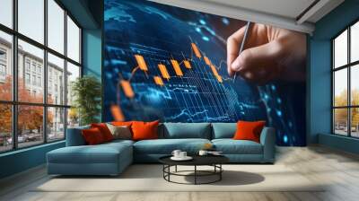 A business person is drawing an upward trending graph with colorful lines on the background of global market upward financial chart. The concept of symbolizes growth financial services.  Wall mural