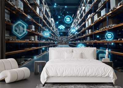 A dynamic smart warehouse management system that aligns shelves and fills boxes. Digital blue symbols of technology such as wireless networks or icons floating above the scene.  Wall mural