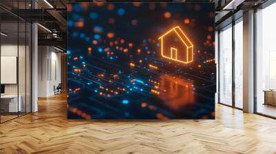 A futuristic digital image of an illuminated house icon floating above a glowing circuit board. Smart home technology. Real Estate Finance, real estate investment concepts, managing business aspects Wall mural