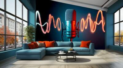 A podcasting microphone with sound wave on colorful background- Generative Ai Wall mural