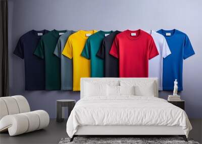 A set of colorful t-shirts of different colors neatly arranged on the right on a light gray background. T-shirt design includes round neck and short sleeves with no spots. Wall mural