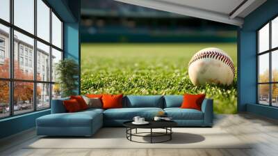 Close-up of a baseball on grass, with a stadium in the background. Wall mural