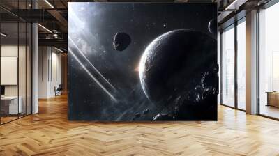 High quality digital space art, realistic and detailed visualization of a planet being hit by an asteroid Wall mural