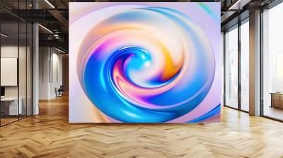 A colorful spiral with a rainbow of pastel colors background. Abstract grainy 3d render holographic iridescent wave in motion colorful background. Wall mural