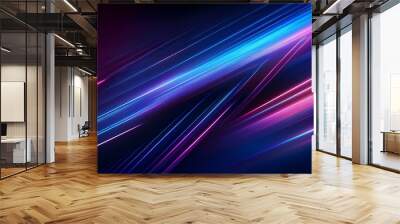 A vibrant abstract design featuring dynamic lines in pink and blue hues, creating a sense of motion and energy. Futuristic glowing blue and purple light lines with speed motion blur effect on blue Wall mural