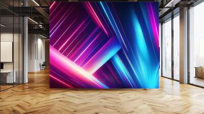 Abstract diagonal streaks of vibrant neon light on a dark background. A cascade of purple and blue lines suggests high-speed connectivity and digital data flow on an abstract plane Wall mural