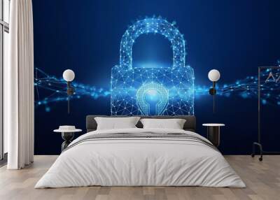 Cyber security concept. Lock symbol from lines and triangles, point connecting network on blue background. 3d padlock against a neon light blue with a dark background Wall mural