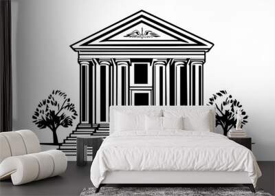 Classical library with tall columns, triangular pediment, wide steps to entrance, vector illustration art Wall mural