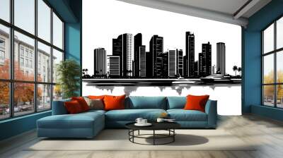 Coastal cityscape with tall modern buildings, harbor with docked ships, and promenade along the shore, vector illustration art Wall mural