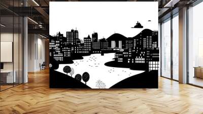 Extensive urban area view with varied architecture, river, and hills, vector illustration art Wall mural