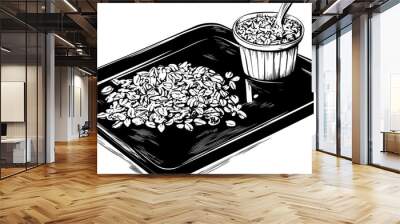 Granola spread on a baking sheet beside a small container filled with granola, food illustration vector Wall mural