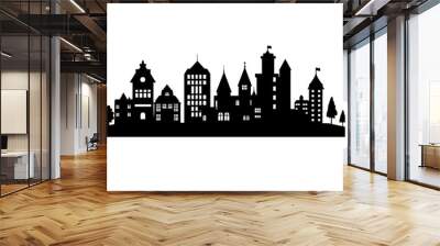 Historic castle in modern urban setting with buildings and trees, vector illustration art Wall mural