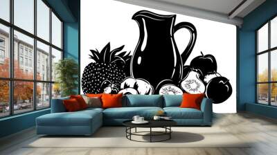 Jug filled with liquid placed among a variety of whole and cut fruits on a plain surface, vector illustration art Wall mural