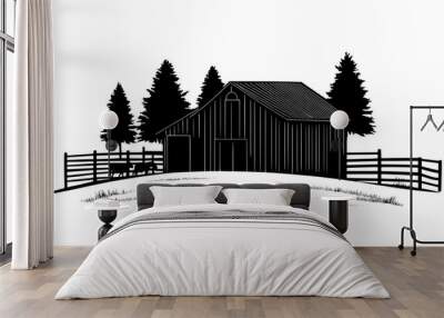 Livestock barn with fenced areas, situated close to a cluster of trees, vector illustration art Wall mural