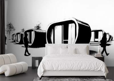 Moveable wooden pods forming a temporary village with shared spaces, vector illustration art Wall mural