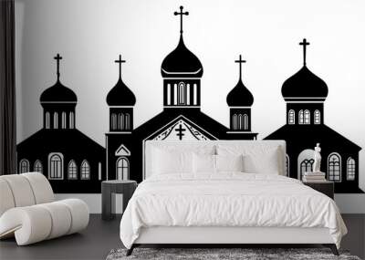 Orthodox church with onion domes and cross-topped spire, vector illustration art Wall mural