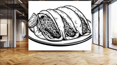 Plate with three fish tacos, garnished with cabbage and lime, food illustration vector Wall mural