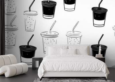 Repeating sequence of smoothie cups in a regular pattern, seamless pattern vector Wall mural