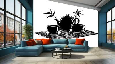 Teapot of black tea with a filled teacup on a bamboo mat, vector illustration art Wall mural